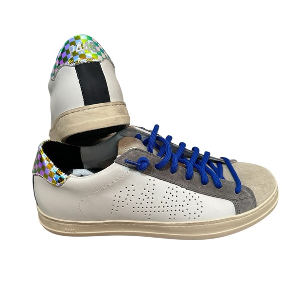 P448 Shoes - RARE P448 John white Checkered holograph iridescent blue lace 40 Sneaker